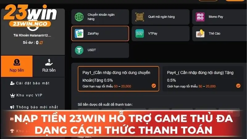 Nạp tiền 23WIN hỗ trợ game thủ đa dạng cách thức thanh toán